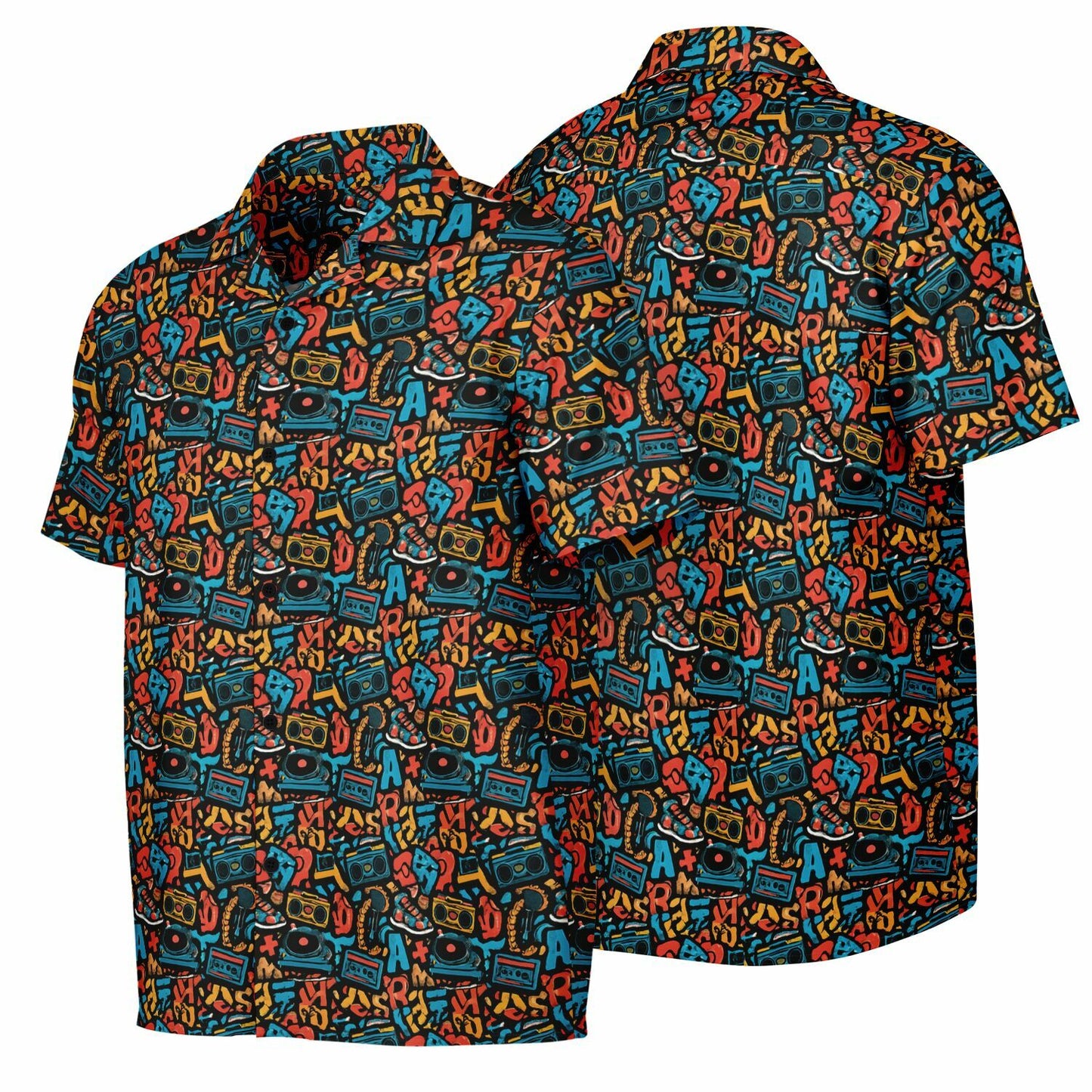 96 cassette tape Spread Collar Short Sleeve Button-Down Shirt - AOP