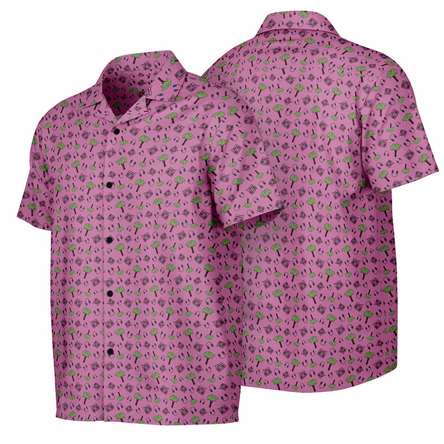 Pink Palm Trees Spread Collar Short Sleeve Button-Down Shirt - AOP