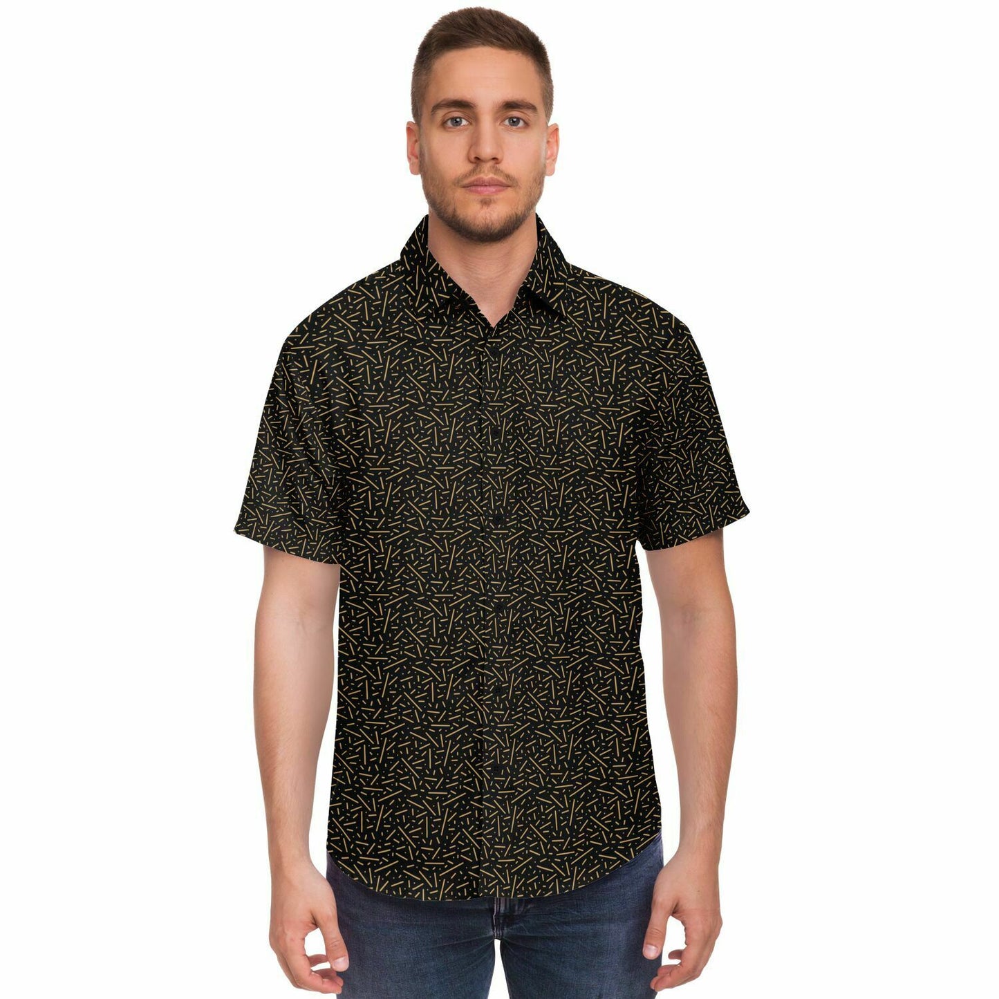 Black\Gold Short Sleeve Button Down Shirt - AOP
