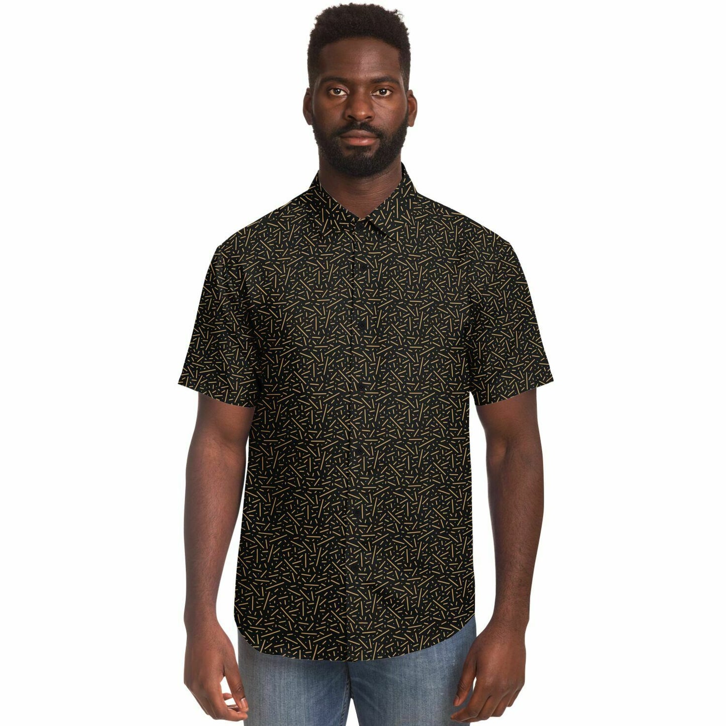 Black\Gold Short Sleeve Button Down Shirt - AOP