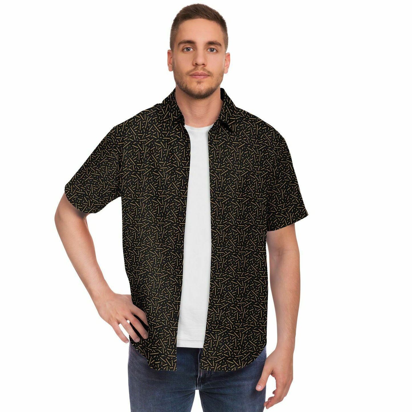 Black\Gold Short Sleeve Button Down Shirt - AOP