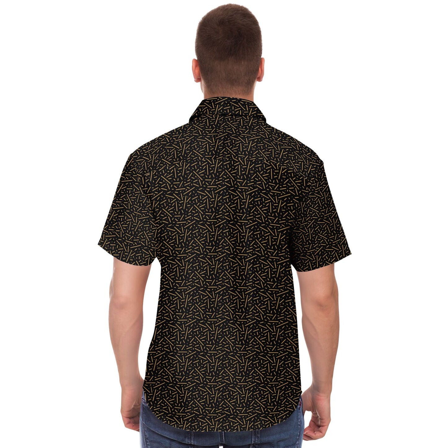 Black\Gold Short Sleeve Button Down Shirt - AOP