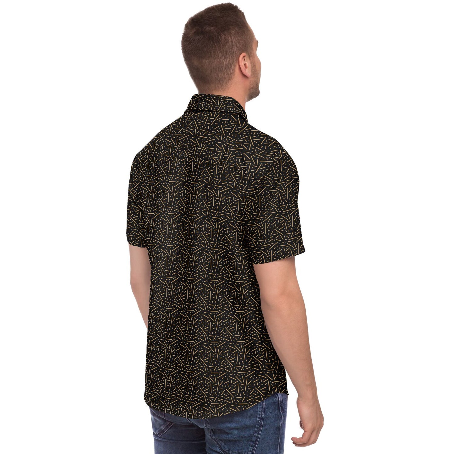 Black\Gold Short Sleeve Button Down Shirt - AOP