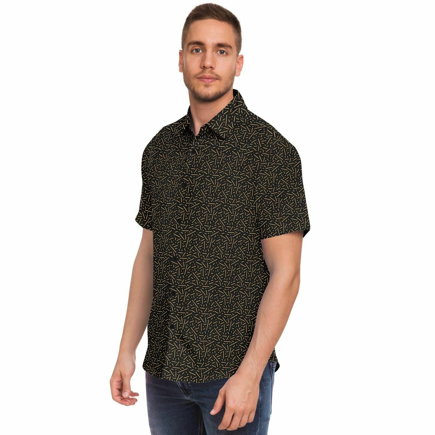 Black\Gold Short Sleeve Button Down Shirt - AOP