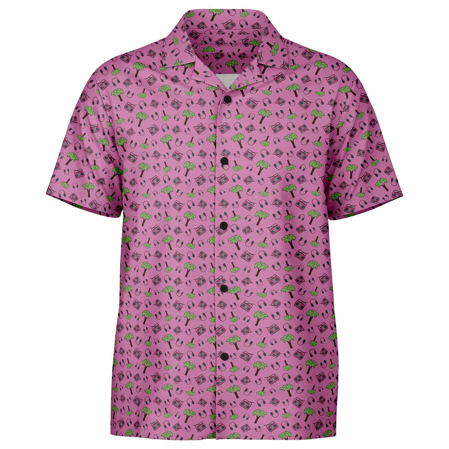 Pink Palm Trees Spread Collar Short Sleeve Button-Down Shirt - AOP