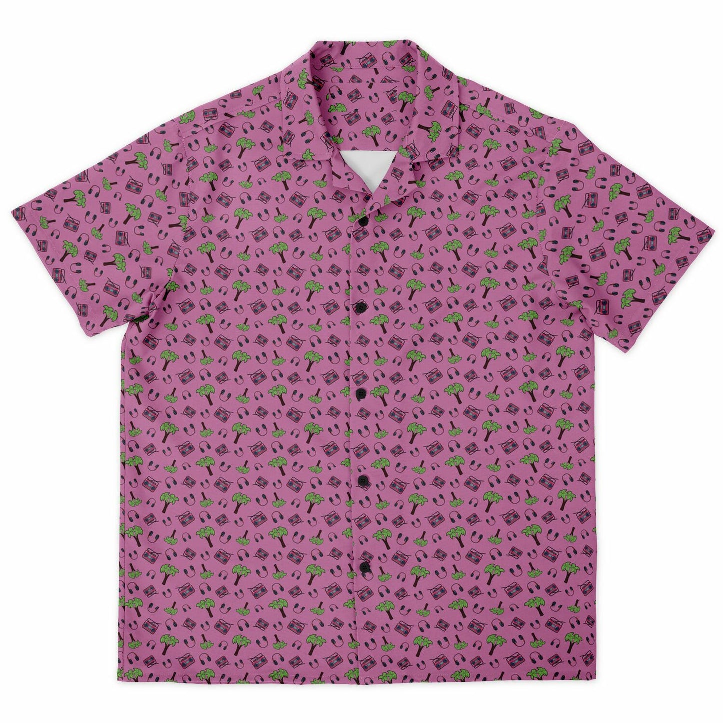 Pink Palm Trees Spread Collar Short Sleeve Button-Down Shirt - AOP