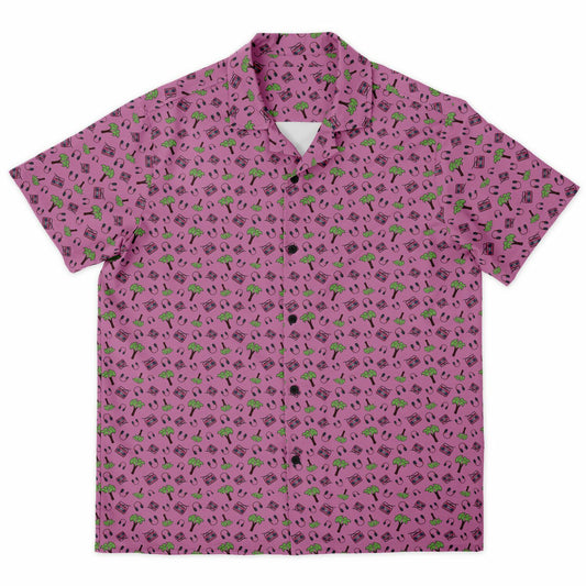 Pink Palm Trees Spread Collar Short Sleeve Button-Down Shirt - AOP