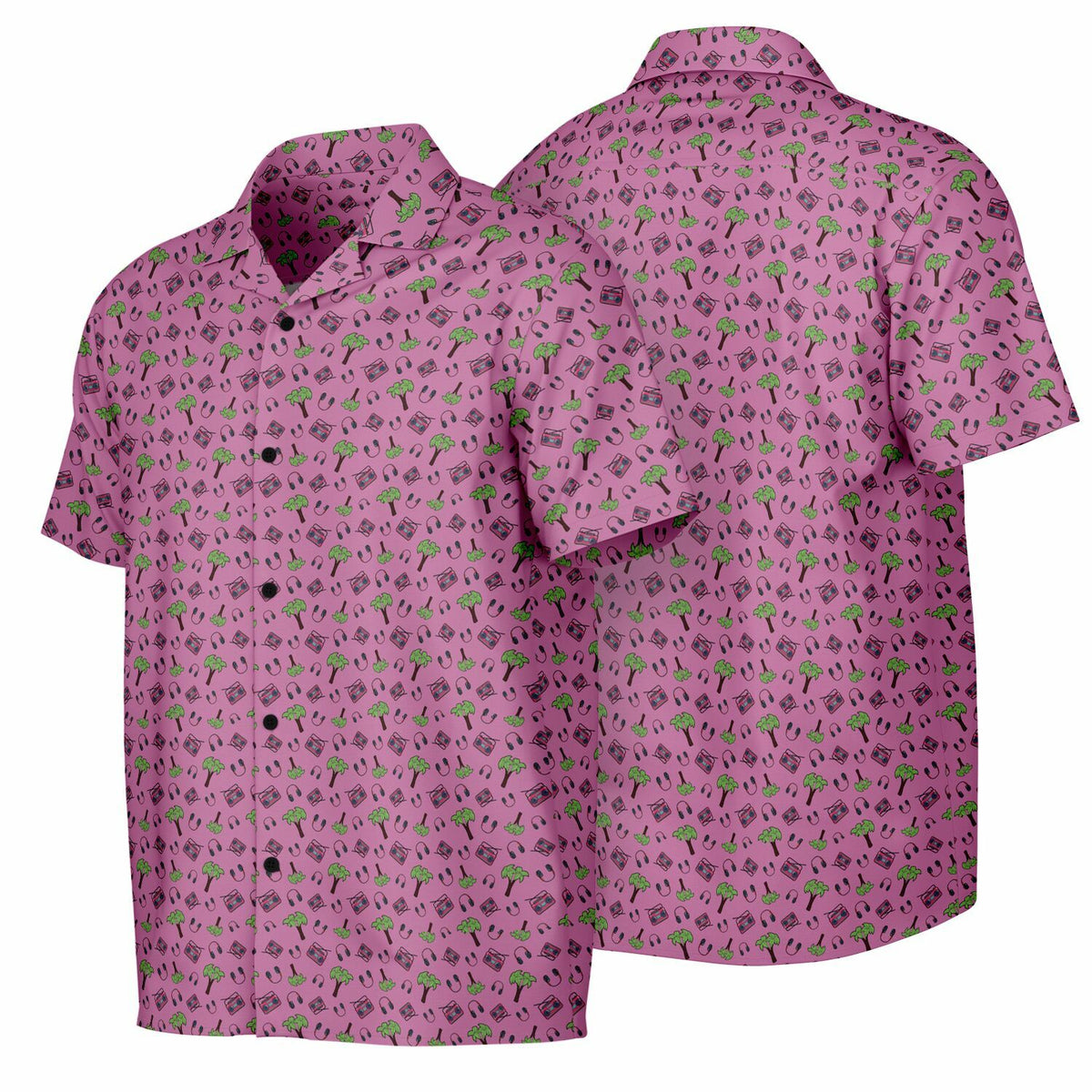 Pink Palm Trees Spread Collar Short Sleeve Button-Down Shirt - AOP