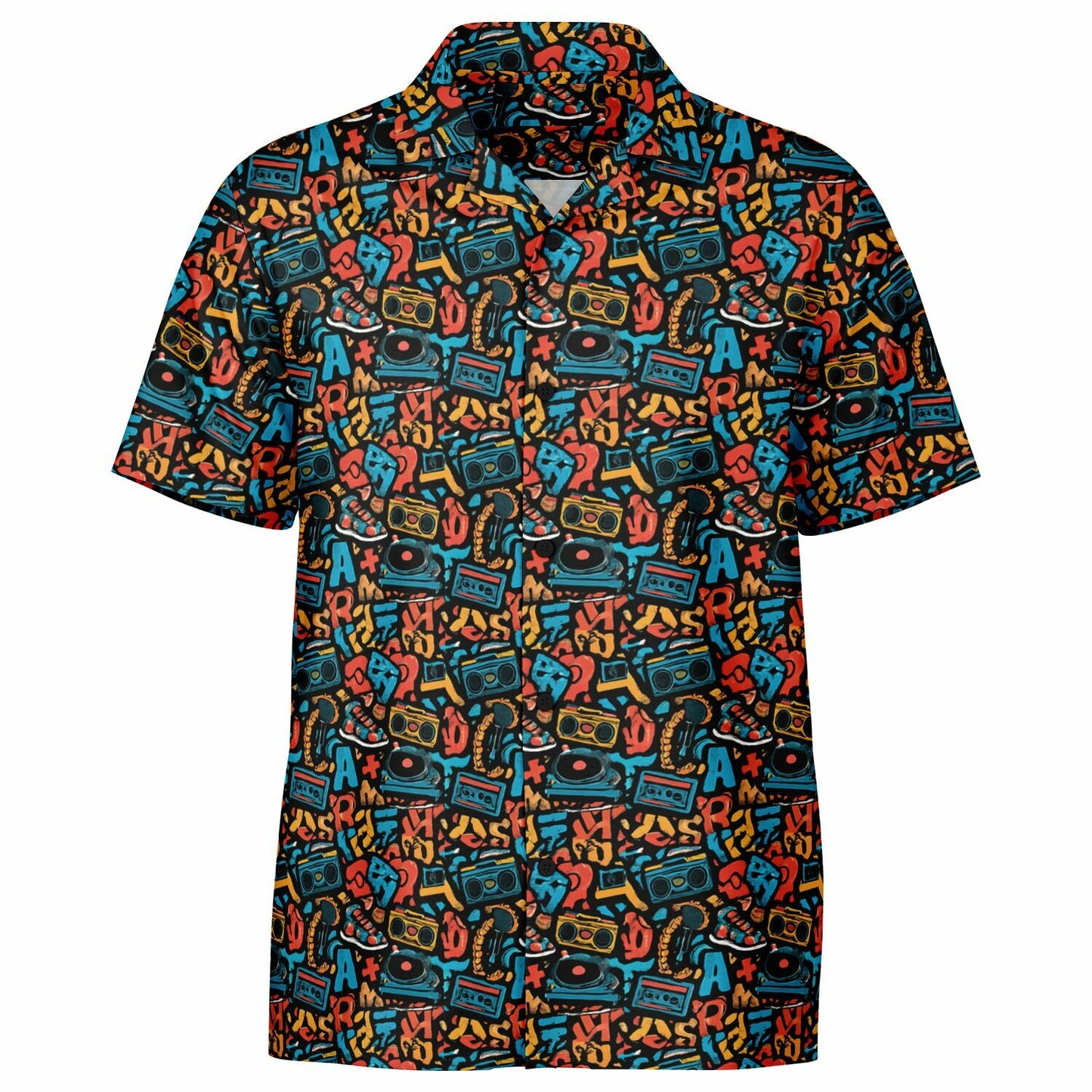 96 cassette tape Spread Collar Short Sleeve Button-Down Shirt - AOP