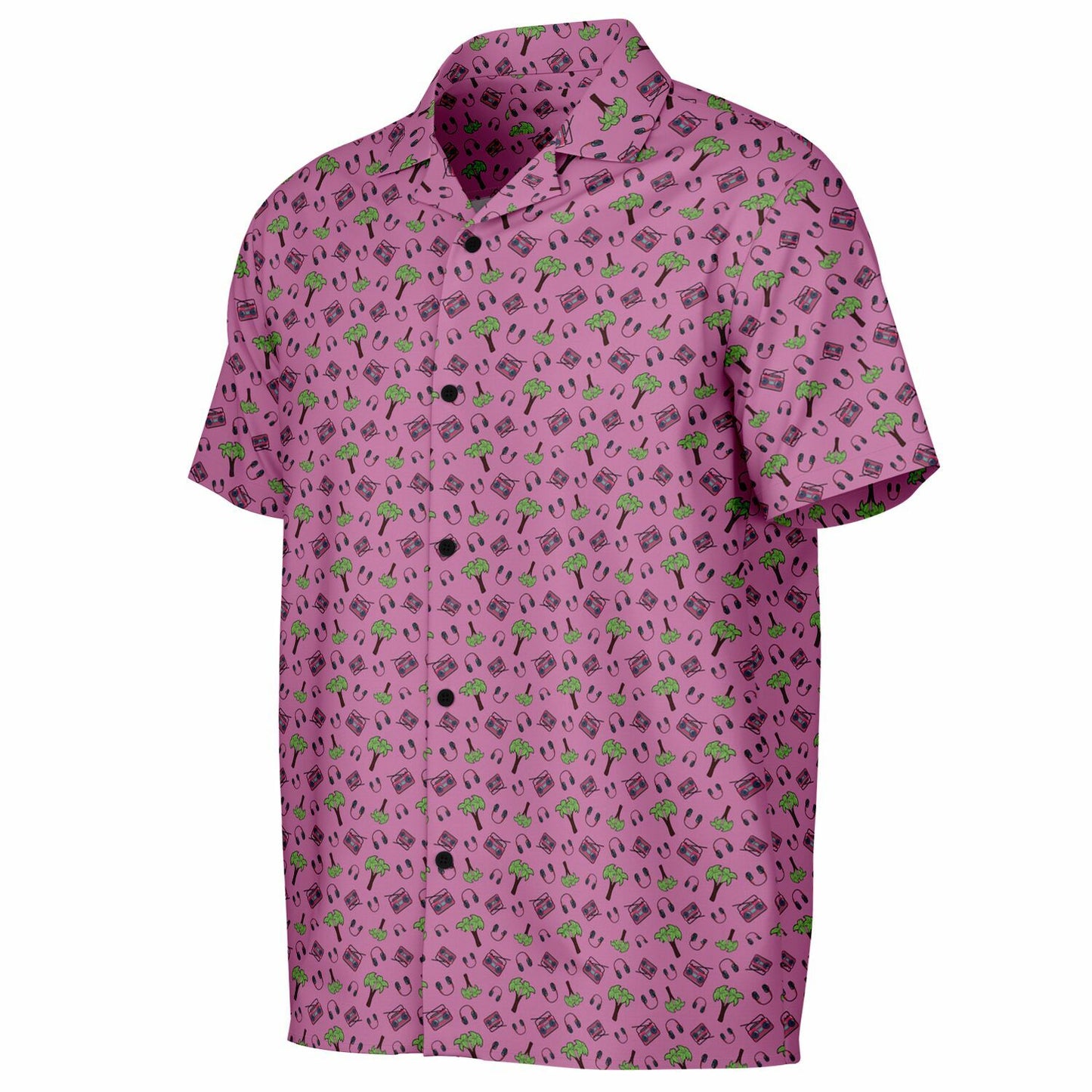 Pink Palm Trees Spread Collar Short Sleeve Button-Down Shirt - AOP