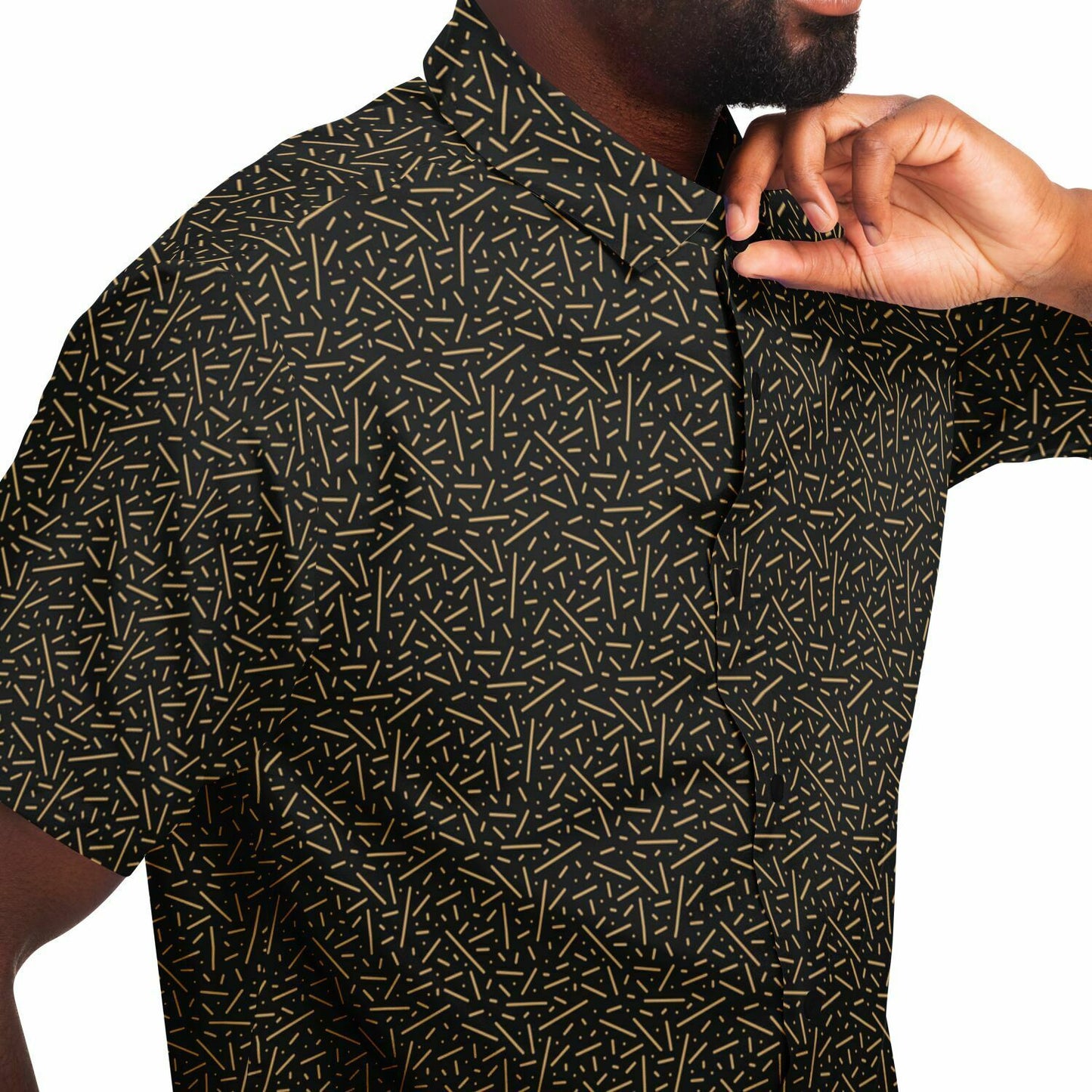 Black\Gold Short Sleeve Button Down Shirt - AOP