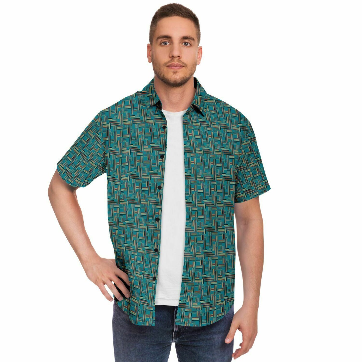 Teal Stripes Short Sleeve Button Down Shirt - AOP