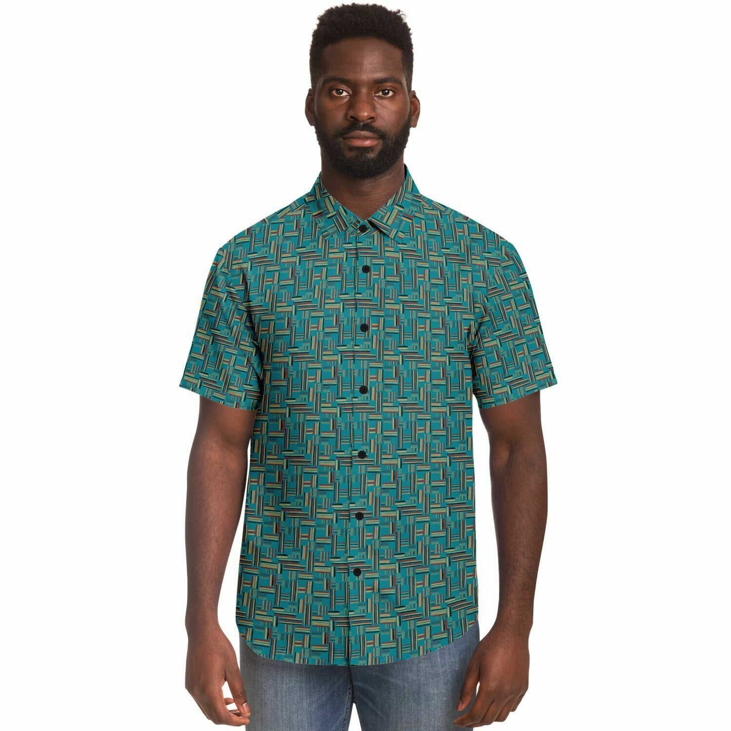 Teal Stripes Short Sleeve Button Down Shirt - AOP